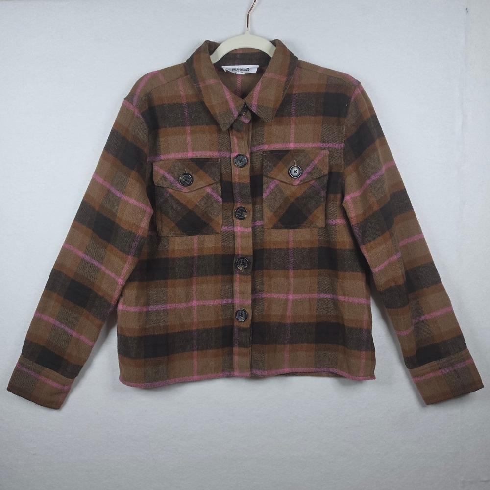 BB Dakota Steve Madden Boxy Shacket Medium Brown Black Pink Plaid Layering Piece - Picture 2 of 7